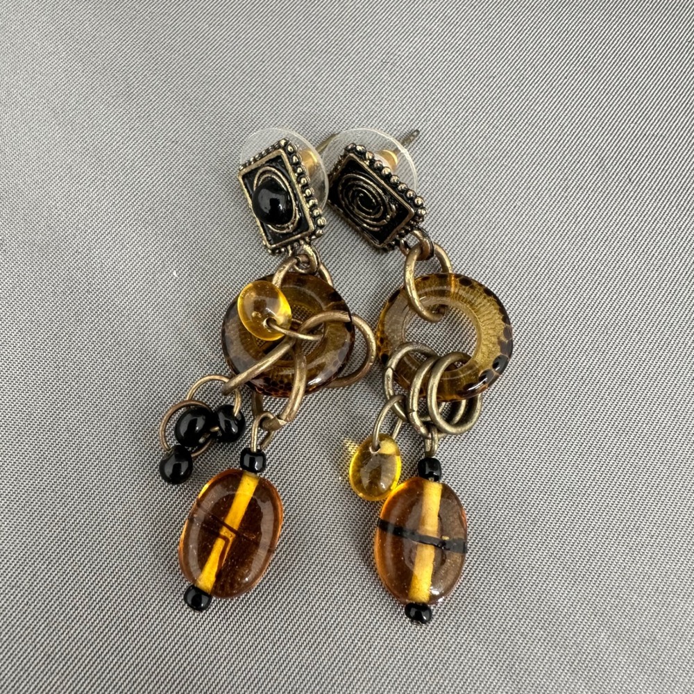 Antique Bronze Amber Resin Tortoise‎ Shell Glass Bead Drop Earrings Boho Post